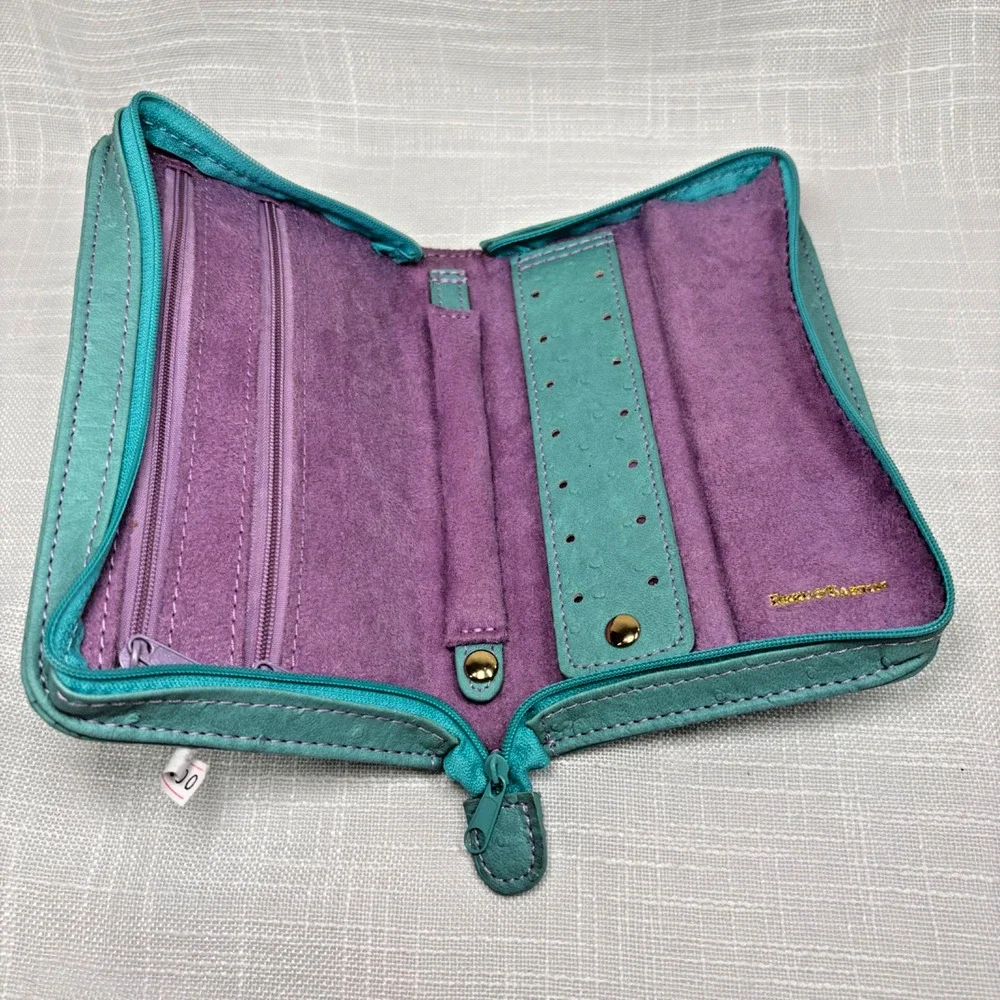 Reed and Barton Faux Ostrich Travel Jewelry Case, Turquoise Blue and Purple Soft